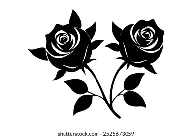 Silhueta elegante preto e branco de rosas florescentes com folhas intrincadas e espinhos na composição floral clássica