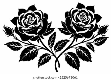 Silhueta elegante preto e branco de rosas florescentes com folhas intrincadas e espinhos na composição floral clássica