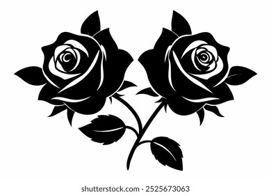 Silhueta elegante preto e branco de rosas florescentes com folhas intrincadas e espinhos na composição floral clássica