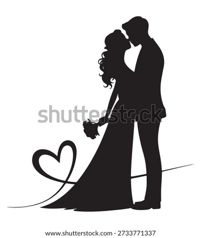 Elegant black and white silhouette of a bride and groom with heart, ideal for wedding and love designs.