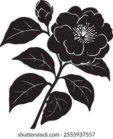 Elegant black and white silhouette of a camellia flower with intricate details and accompanying leaves.