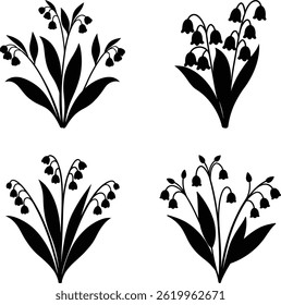 Elegant Black and White Silhouette of a Lily of the Valley. A stylized, black silhouette of a lily of the valley flower and leaves on a pure white background. EPS-10.
