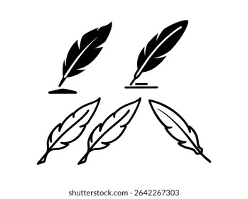 Elegant Black and White Silhouette of a Quill and Inkwell Set, a set of stylized, black silhouette illustrations of antique quill pens dipping into inkwells, quill, inkwell, feather pen, vintage, anti