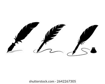 Elegant Black and White Silhouette of a Quill and Inkwell Set, a set of stylized, black silhouette illustrations of antique quill pens dipping into inkwells, quill, inkwell, feather pen, vintage, anti