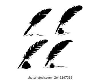 Elegant Black and White Silhouette of a Quill and Inkwell Set, a set of stylized, black silhouette illustrations of antique quill pens dipping into inkwells, quill, inkwell, feather pen, vintage, anti