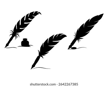 Elegant Black and White Silhouette of a Quill and Inkwell Set, a set of stylized, black silhouette illustrations of antique quill pens dipping into inkwells, quill, inkwell, feather pen, vintage, anti