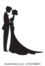 Elegante Vector de silueta en blanco y negro de una novia y el novio, ideal para diseños de boda, invitaciones, logotipos y marca romántica.