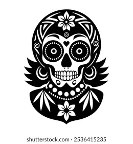 Elegant Black and White Sugar Skull Woman Illustration for Day of the Dead, Traditional Dia de los Muertos Woman with Skull Face Art