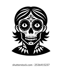 Elegant Black and White Sugar Skull Woman Illustration for Day of the Dead, Traditional Dia de los Muertos Woman with Skull Face Art