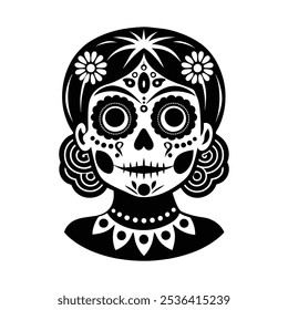 Elegant Black and White Sugar Skull Woman Illustration for Day of the Dead, Traditional Dia de los Muertos Woman with Skull Face Art