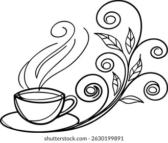 Elegant black and white teacup with decorative foliage and rising steam for design projects