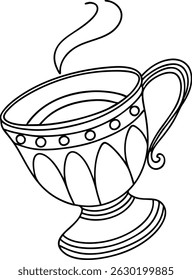 Elegant black and white teacup illustration depicting warm steam rising from the hot beverage