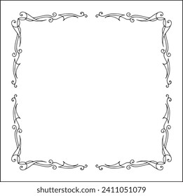 Elegant black and white thin ornamental frame, sharp corners, decorative border, corners for greeting cards, banners, business cards, invitations, menus. Isolated vector illustration.