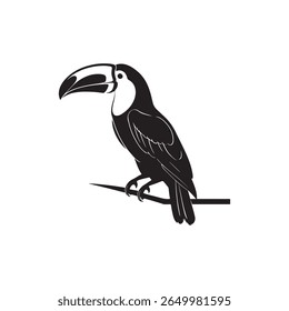Elegant Black and White Toucan Silhouette on Branch, Tropical Bird Illustration
