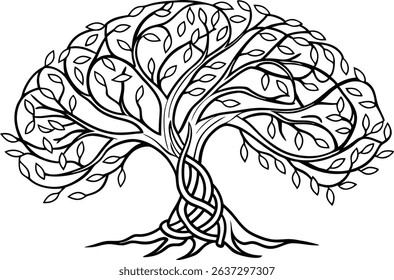 Elegant black and white tree of life symbol with intertwined trunk and leafy branches