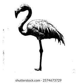 elegant black and white vector illustration of a flamingo standing on one leg, showcasing its graceful posture and intricate feather textures in a minimalist style.