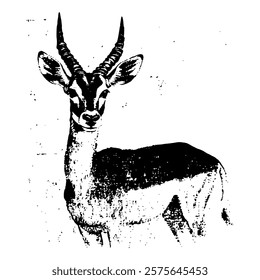 elegant black and white vector illustration of a standing gazelle, showcasing its graceful posture, detailed horns, and bold textures in a minimalist design.