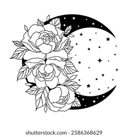 Elegant black and white vector illustration of a crescent moon adorned with blooming roses and delicate flowers, surrounded by stars. Perfect for tattoos, prints, stickers, engraving, and mystical