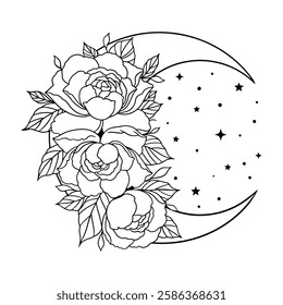 Elegant black and white vector illustration of a crescent moon adorned with blooming roses and delicate flowers, surrounded by stars. Perfect for tattoos, prints, stickers, engraving, and mystical