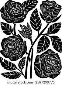 Elegant black and white vector illustration of roses and leaves. Color Silhouette and Flat Rose Flower