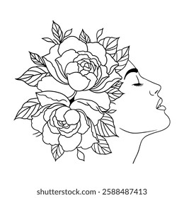 Elegant black and white vector illustration of a woman's face with blooming flowers. Perfect for tattoo designs, prints, stickers, and boho-style artwork. Ideal for beauty, femininity