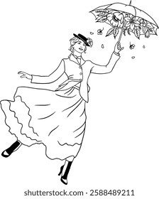 Elegant black and white vector illustration of a woman floating with a floral umbrella. Graceful vintage-inspired artwork with a touch of magic. Ideal for prints,posters, fashion,and decorative design