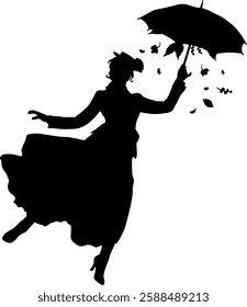 Elegant black and white vector illustration of a woman floating with a floral umbrella. Graceful vintage-inspired artwork with a touch of magic. Ideal for prints,posters, fashion,and decorative design