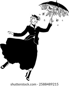 Elegant black and white vector illustration of a woman floating with a floral umbrella. Graceful vintage-inspired artwork with a touch of magic. Ideal for prints,posters, fashion,and decorative design