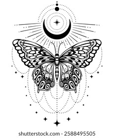 Elegant black and white vector illustration of a butterfly with celestial elements—crescent moon, stars, and decorative dots. Perfect for tattoo designs, spiritual art, boho decor, and mystical themes