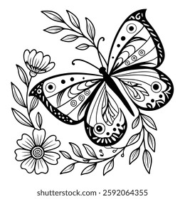 Elegant Black and White Vector Illustration of a Butterfly with Floral Elements for Coloring and Design