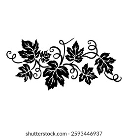 Elegant black and white vector illustration of a grapevine with leaves and grape clusters. Perfect for wine labels, decor, packaging, and vineyard branding. Classic, vintage botanical design.