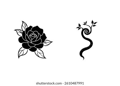 Elegant Black And White Vector Illustration Featuring A Rose And Spiral Vine