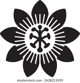 Elegant black and white vector illustration of a stylized flower design. This sophisticated floral vector features a simple, geometric petal arrangement surrounding a detailed center. 