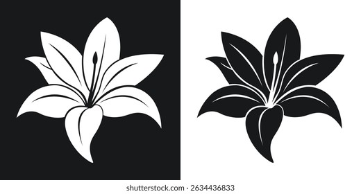 Elegant black and white vector illustration of a delicate lily flower