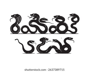 Elegant black and white vector illustration depicts a collection of stylized snakes and serpents in dynamic poses.