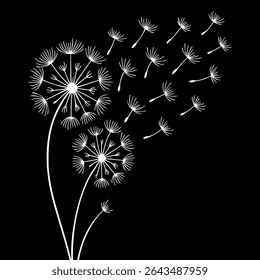 Elegant black and white vector illustration of dandelions releasing seeds into the wind. Features intricate linework and minimalistic styling, capturing the ephemeral beauty of nature and motion