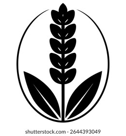 Elegant black and white vector illustration featuring a simple wheat design enclosed within an oval frame. 
