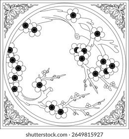 An elegant black and white vector illustration depicting a branch of plum blossoms (or cherry blossoms) with stylized flowers, enclosed within a circular frame. The corners are decorated with intricat