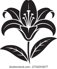 Elegante Ilustración vectorial en blanco y negro de una flor de lirio con hojas. Diseño sencillo y limpio ideal para logotipos o Elementos gráficos.