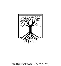 Elegante Ilustración vectorial en blanco y negro con un árbol con raíces, enmarcado en un cuadrado minimalista. Ideal para proyectos creativos que necesitan un símbolo simple y audaz.