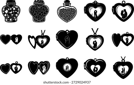 Elegant black and white vector illustration of a romantic couple sharing a kiss inside a heart, perfect for love, anniversary, and Valentine's Day designs.