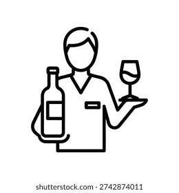 Elegant black and white vector illustration of a professional waiter holding a wine bottle and glass on a tray, perfect for hospitality, restaurant, and service industry designs.