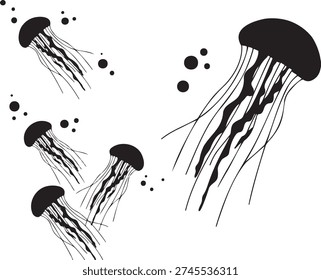 Elegant black and white vector illustration of multiple jellyfish with flowing tentacles and small bubbles