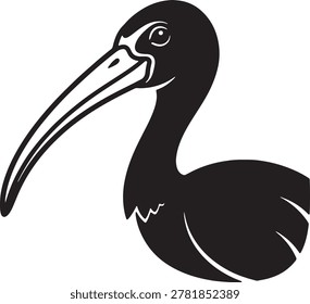 Elegant black and white vector illustration of an ibis bird with distinctive long curved beak and eye.