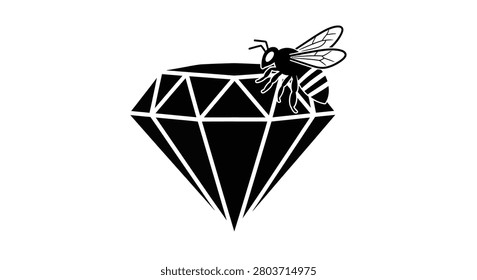 Elegant black and white vector illustration of a honeybee resting on a precious gemstone, representing nature and luxury in a minimalist design.