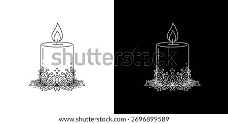 Elegant black and white vector illustration of a decorative candle with floral patterns symbolizing purity, peace, light, and spiritual harmony.