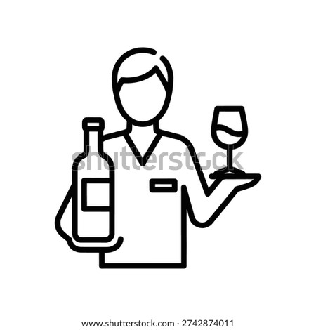 Elegant black and white vector illustration of a professional waiter holding a wine bottle and glass on a tray, perfect for hospitality, restaurant, and service industry designs.