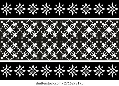 Elegantes schwarz-weißes Vektormuster mit symmetrischen floralen und geometrischen Motiven, inspiriert von traditionellem Ornament-Stil, ideal für Textilien, Tapeten, Ränder, Hintergründe und Druckdesigns.