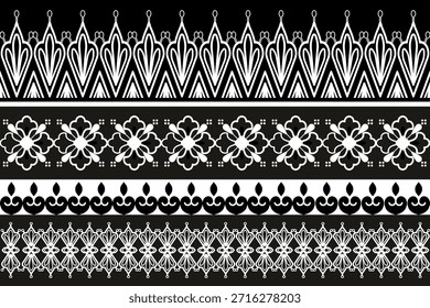 Elegantes schwarz-weißes Vektormuster mit symmetrischen floralen und geometrischen Motiven, inspiriert von traditionellem Ornament-Stil, ideal für Textilien, Tapeten, Ränder, Hintergründe und Druckdesigns.