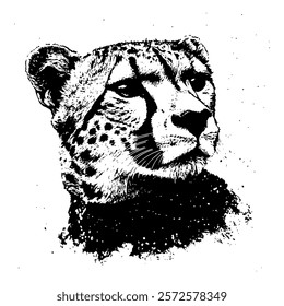 elegant black and white vector portrait of a cheetah, emphasizing its sleek features and unique spots with bold contrasts and artistic precision